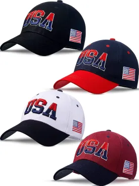 4 Pieces USA Hats for Men American Flag Cap Adjustable Embroidered Patriotic Baseball Hat Trucker Hat for Men Women