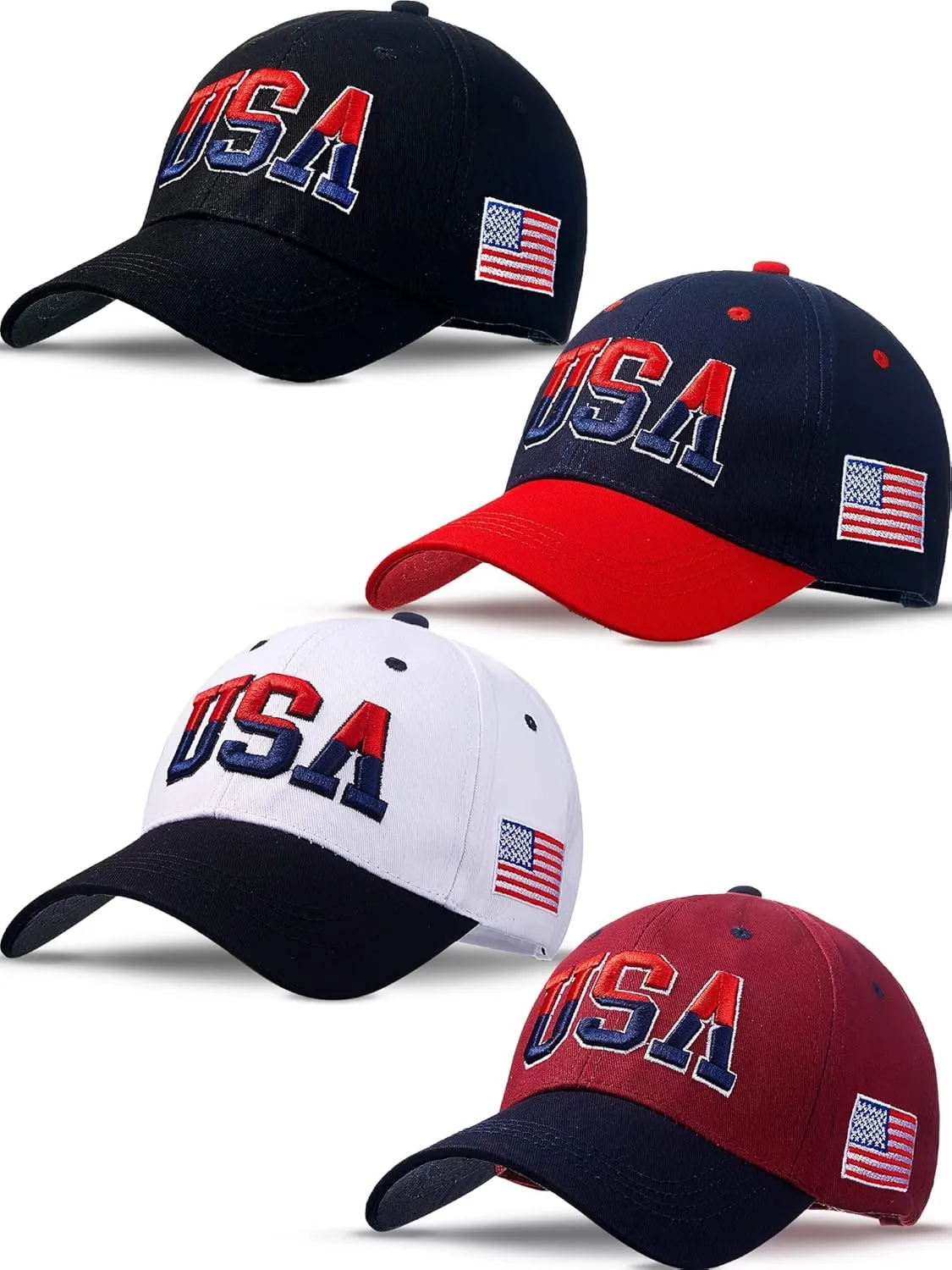 4 Pieces USA Hats for Men American Flag Cap Adjustable Embroidered Patriotic Baseball Hat Trucker Hat for Men Women