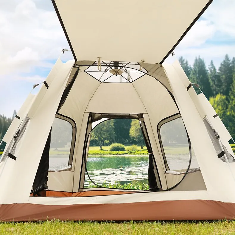 5-8 Person Hexagonal Camping Tent | Double-Layer | Silver Coated Waterproof Shelter | With Awning | 280280158cm