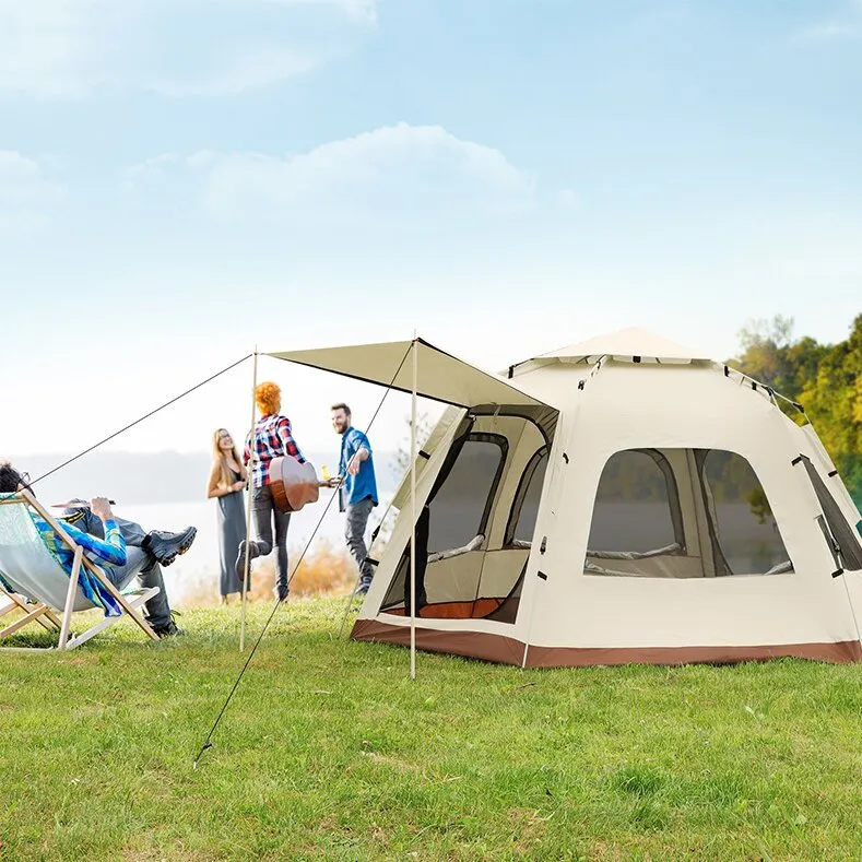 5-8 Person Hexagonal Camping Tent | Double-Layer | Silver Coated Waterproof Shelter | With Awning | 280280158cm