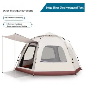 5-8 Person Hexagonal Camping Tent | Double-Layer | Silver Coated Waterproof Shelter | With Awning | 280280158cm