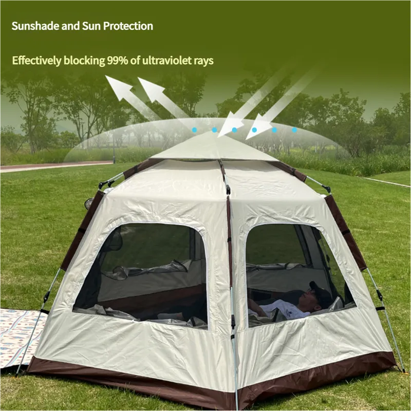 5-8 Person Hexagonal Camping Tent | Double-Layer | Silver Coated Waterproof Shelter | With Awning | 280280158cm