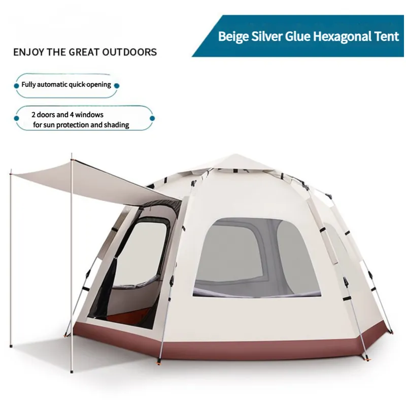 5-8 Person Hexagonal Camping Tent | Double-Layer | Silver Coated Waterproof Shelter | With Awning | 280280158cm