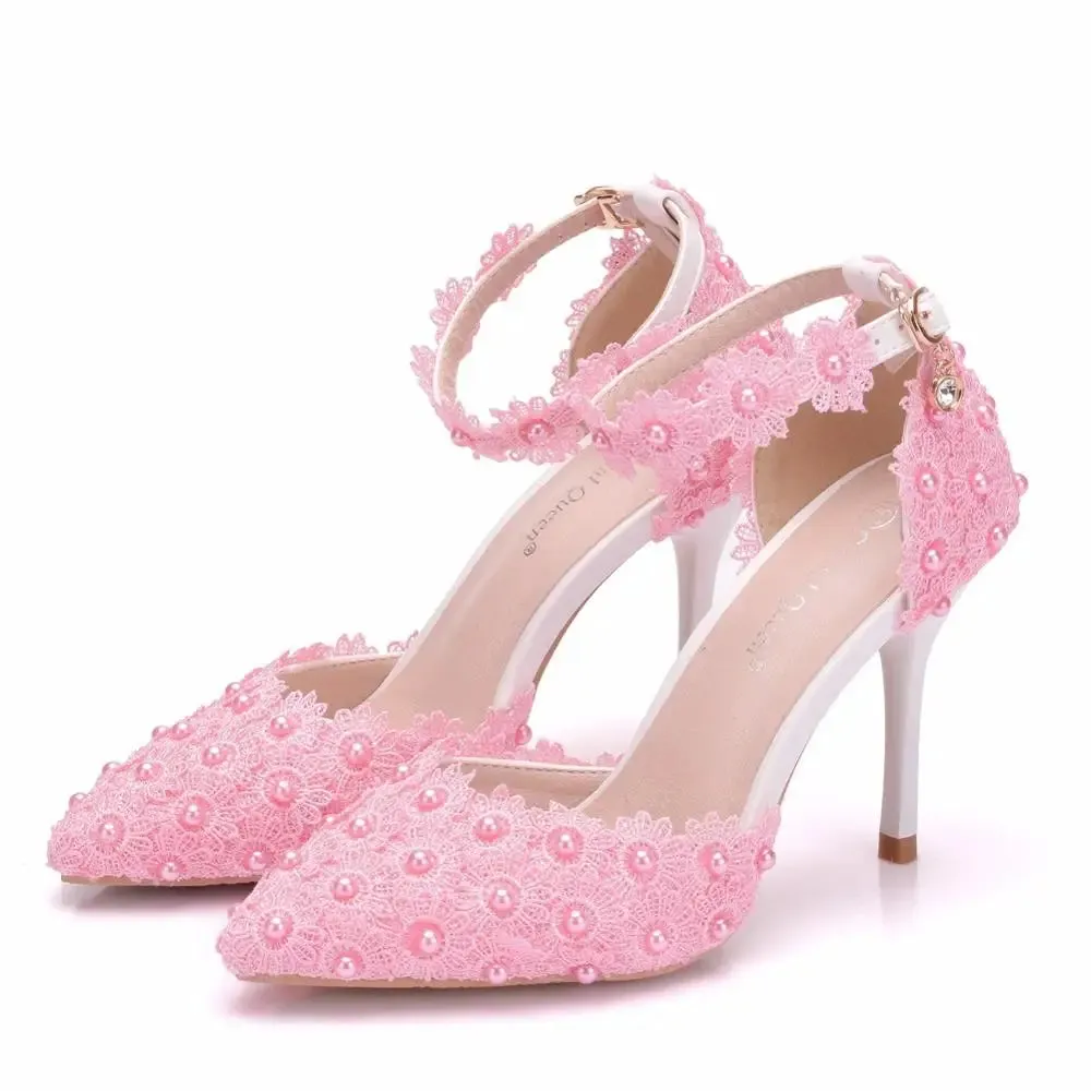 Hnzxzm Wedding Shoes Bride White Wedding Shoes Female High Heels Ankle Strap Pumps Women Shoes Rhinestone Lace High Heels Party Shoe