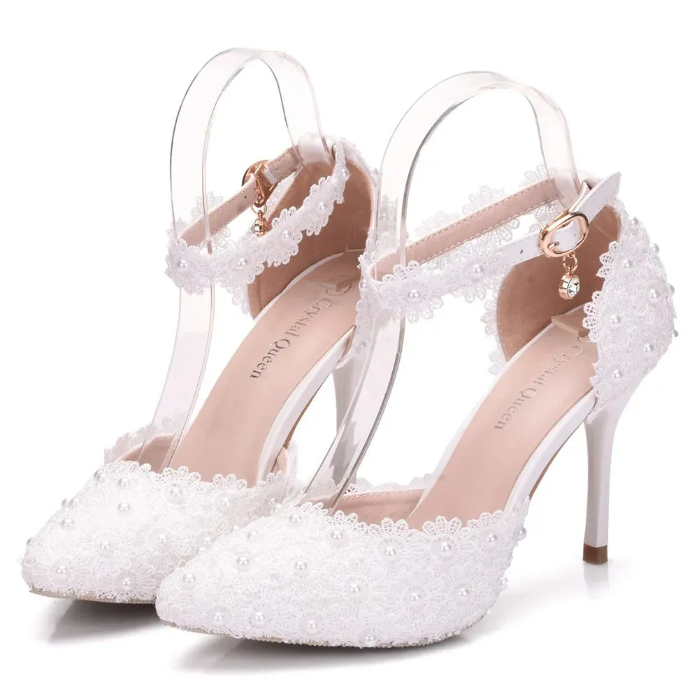 Hnzxzm Wedding Shoes Bride White Wedding Shoes Female High Heels Ankle Strap Pumps Women Shoes Rhinestone Lace High Heels Party Shoe
