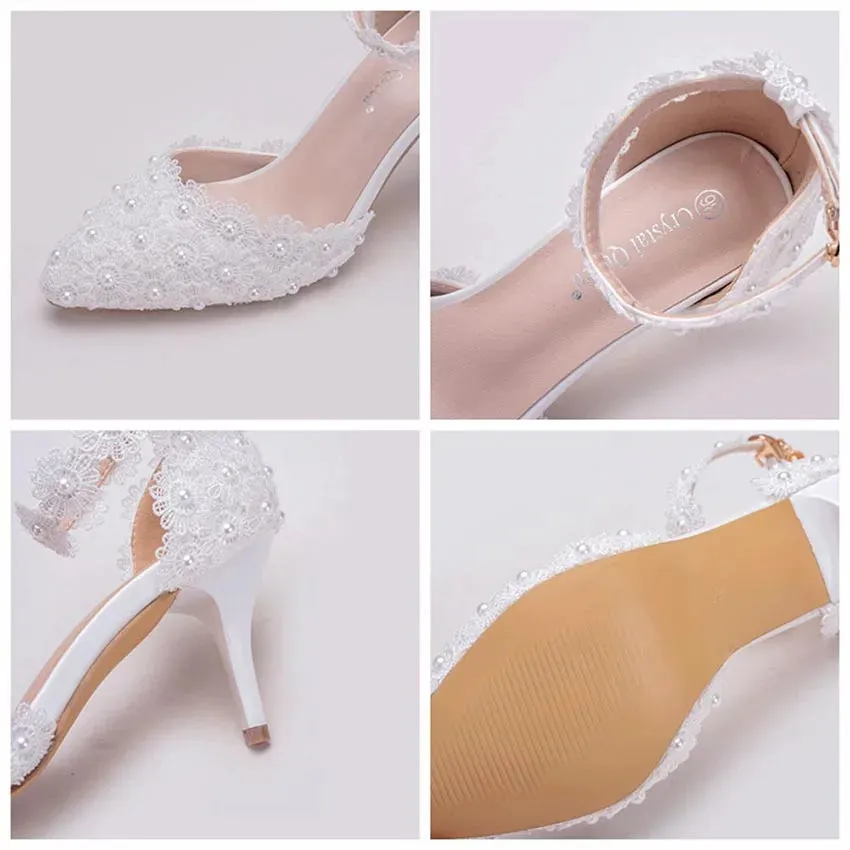 Hnzxzm Wedding Shoes Bride White Wedding Shoes Female High Heels Ankle Strap Pumps Women Shoes Rhinestone Lace High Heels Party Shoe