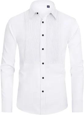 J.VER Men's Tuxedo Shirt Formal Dress Shirt Pleated Long Sleeve Button Down Shirts for Prom Party Wedding