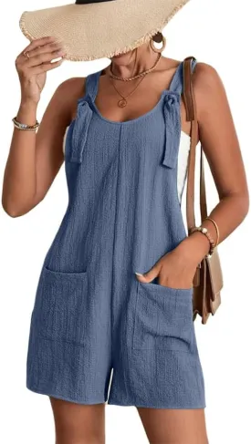 LOAIHA Women Rompers Summer Adjustable Tie Knot Straps Short Bib Overalls 2024 Shorts Jumpsuits with Pockets