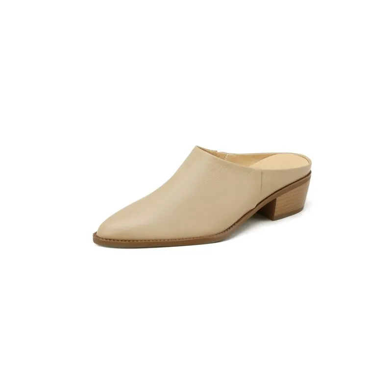 Purpdrank - 2023 Summer Women Shoes Genuine Leather Pointed Toe Women Sandals Solid Modern Sandals for Women Chunky Heel Women's Mules Shoes