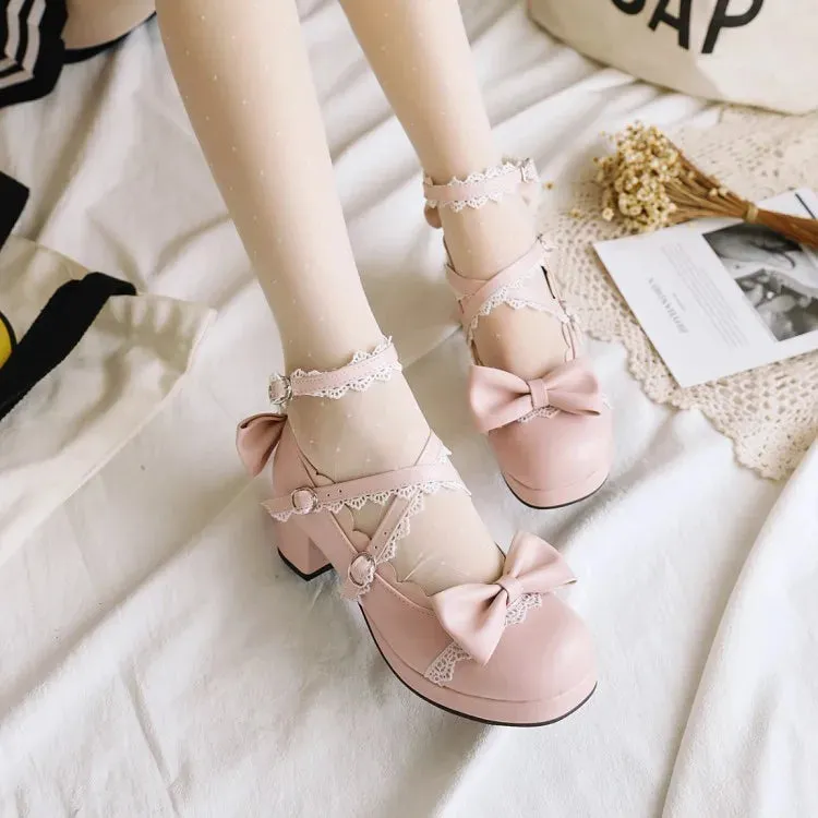 Sohiwoo Lolita women's shoes bow knot Japanese Lolita shoe cute girl round head middle heel fashion harajuku kawaii shoes