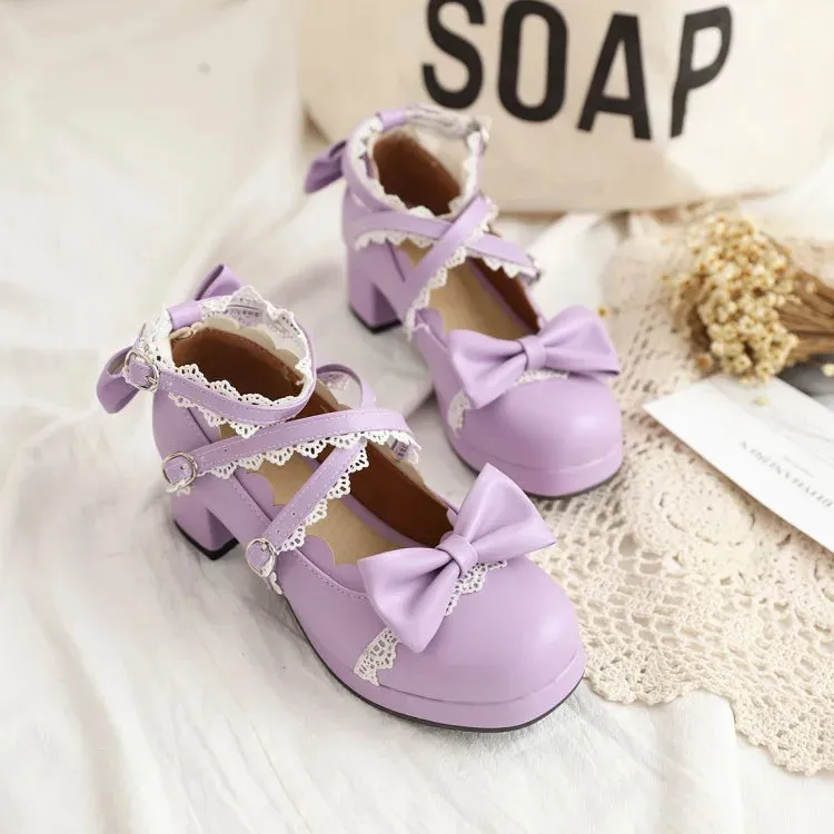 Sohiwoo Lolita women's shoes bow knot Japanese Lolita shoe cute girl round head middle heel fashion harajuku kawaii shoes