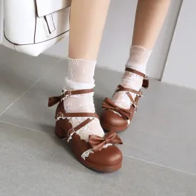 Sohiwoo Lolita women's shoes bow knot Japanese Lolita shoe cute girl round head middle heel fashion harajuku kawaii shoes