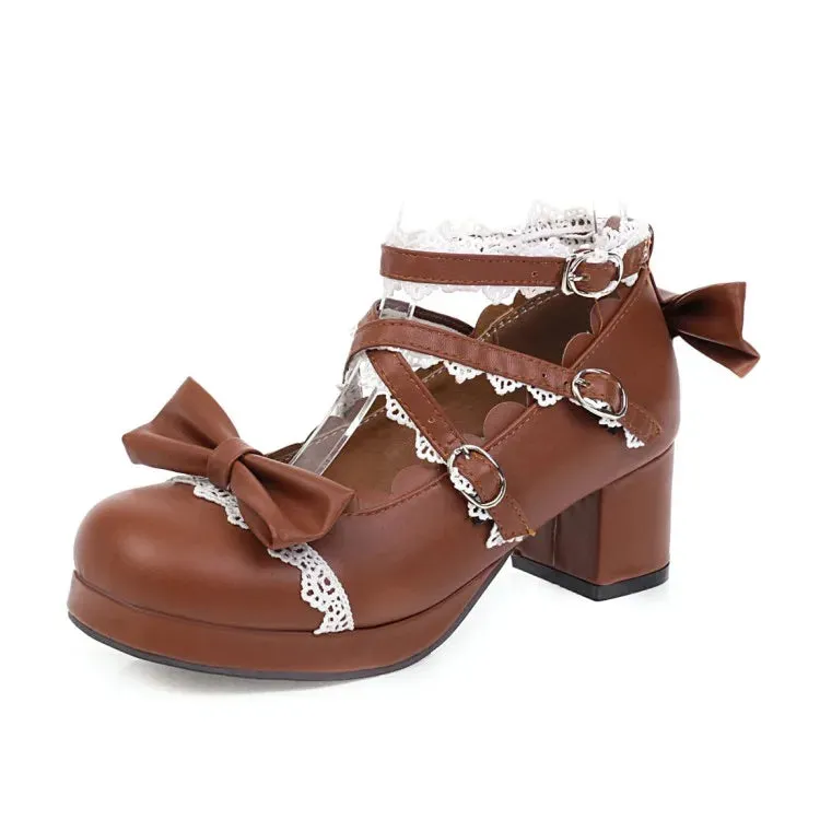 Sohiwoo Lolita women's shoes bow knot Japanese Lolita shoe cute girl round head middle heel fashion harajuku kawaii shoes