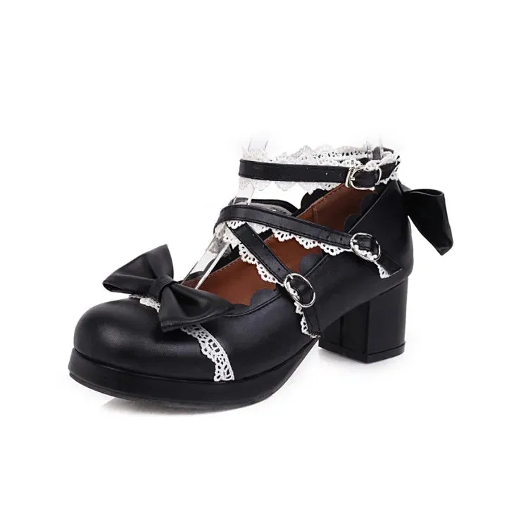 Sohiwoo Lolita women's shoes bow knot Japanese Lolita shoe cute girl round head middle heel fashion harajuku kawaii shoes