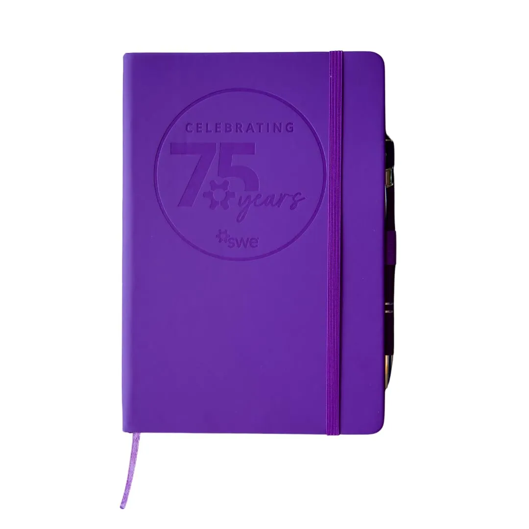 SWE 75th Anniversary Notebook with Pen, Purple Hardcover with Elastic Band Case